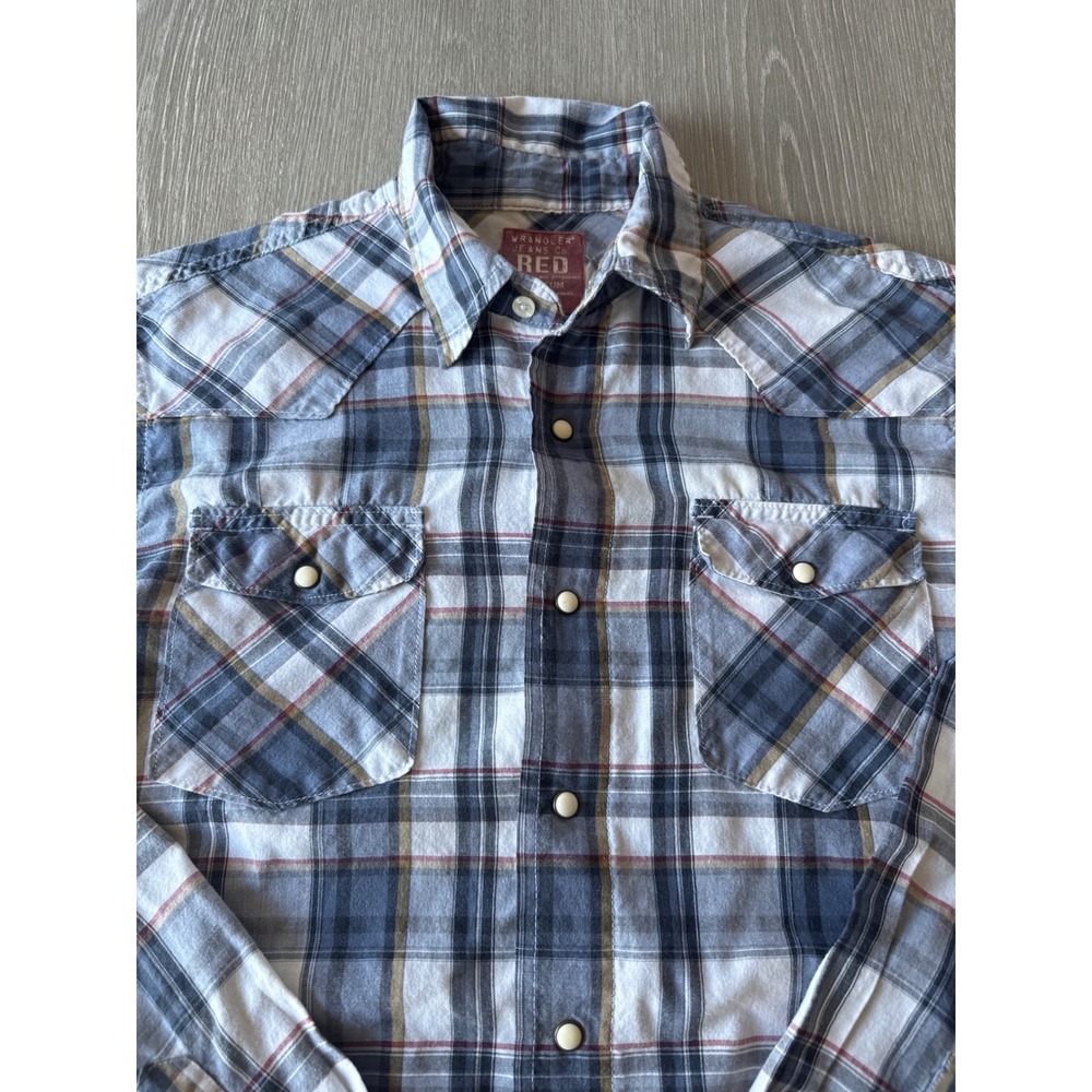 Wrangler Jeans Co Red Mens Plaid Western Snap Button Down Shirt Blue Grey Medium